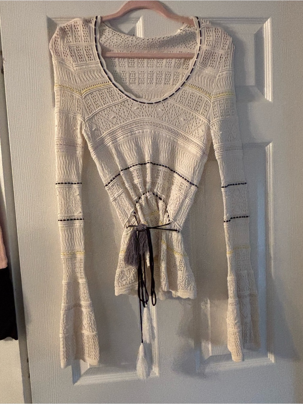 Torn by Ronny Kobo Cream Open-Knit Drawstring Sweater